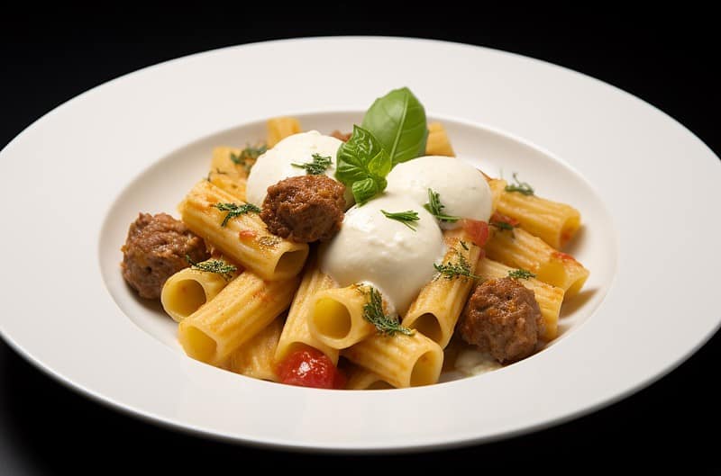 Mezzi Rigatoni with Small Lamb Meatballs and Melting Scamorza