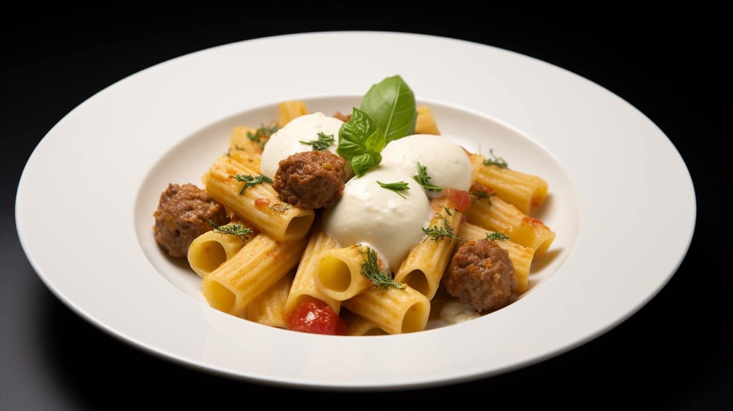 Mezzi Rigatoni with Small Lamb Meatballs and Melting Scamorza