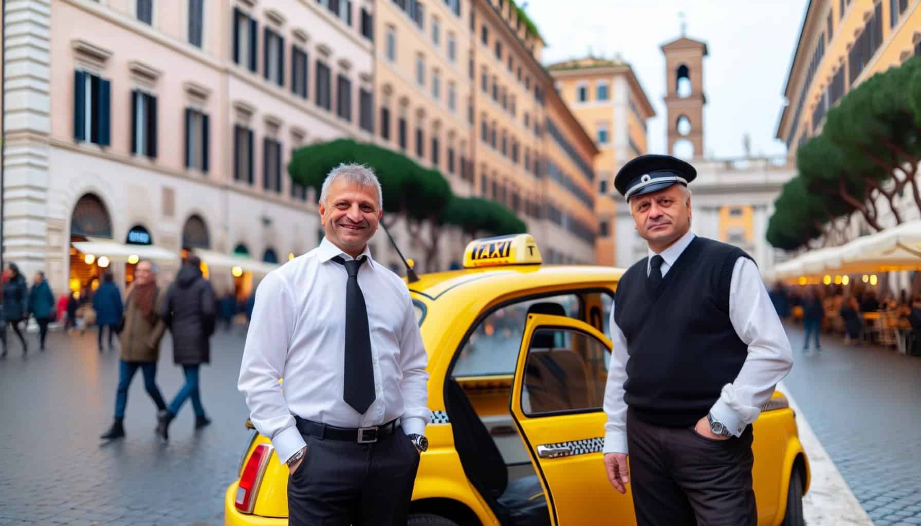 featured image for the post about tipping in Italy showing taxis and Italian taxi drivers