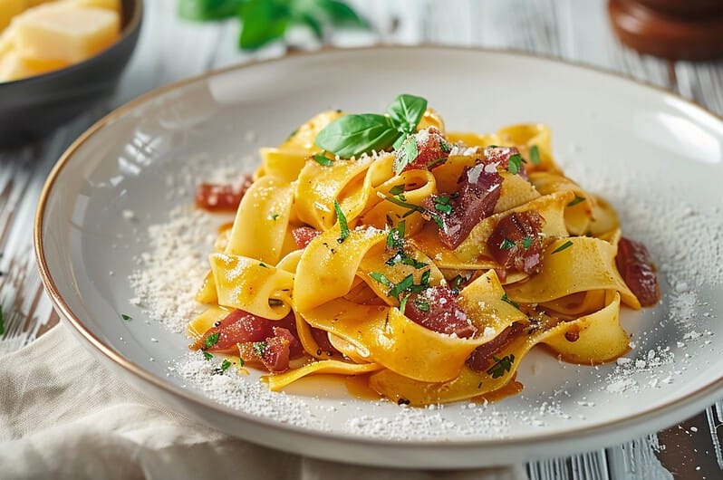Pappardelle with Spicy Tomato and Pancetta (Pappardelle alla Maremmana)